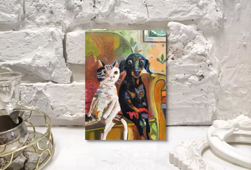 Cat and Dog Painting Original Art Small  Oil Painting on Cardboard