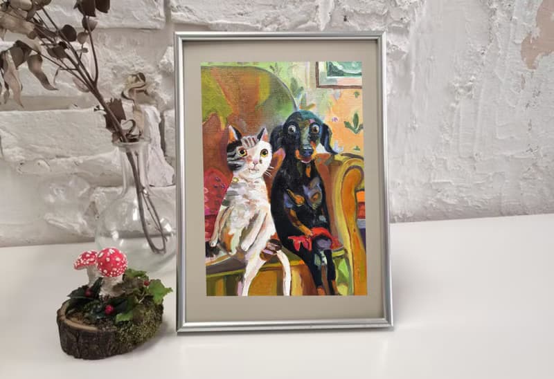 Cat and Dog Painting Original Art Small  Oil Painting on Cardboard