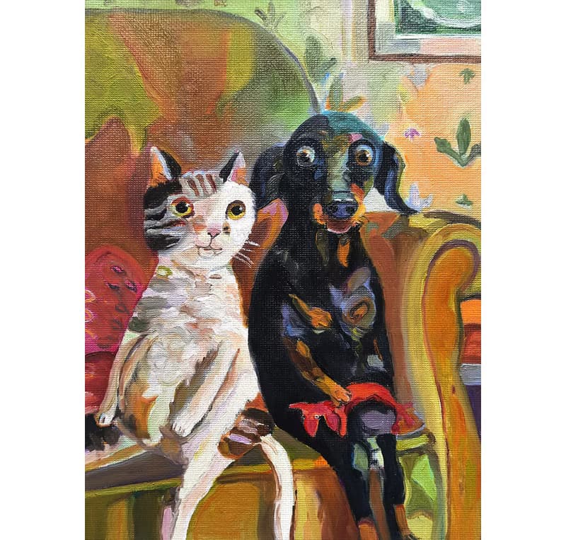 Cat and Dog Painting Original Art Small  Oil Painting on Cardboard