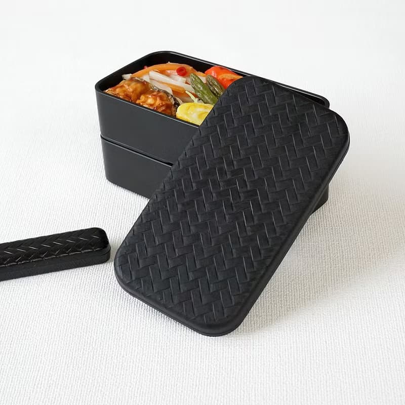 網代竹編花紋 單色長方形雙層便當盒 可用於微波 500ml 日本製