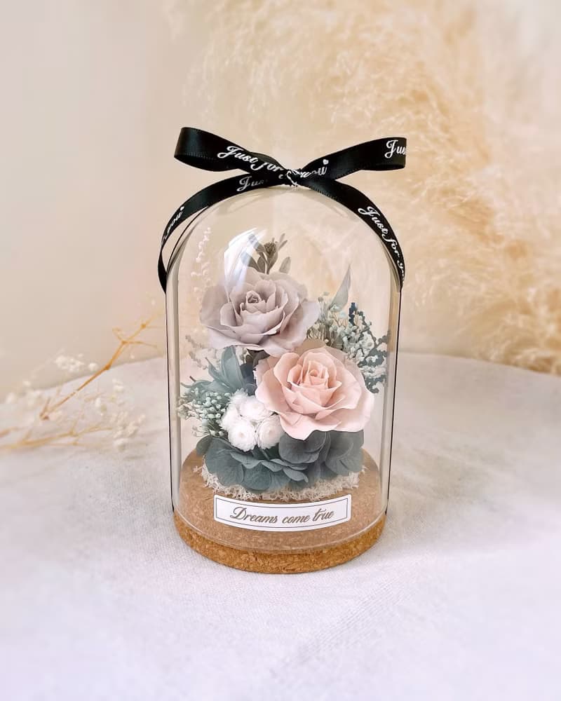 永生花玻璃盅-莫蘭迪色調 l 不凋花玻璃盅 日本玫瑰 情人節禮物
