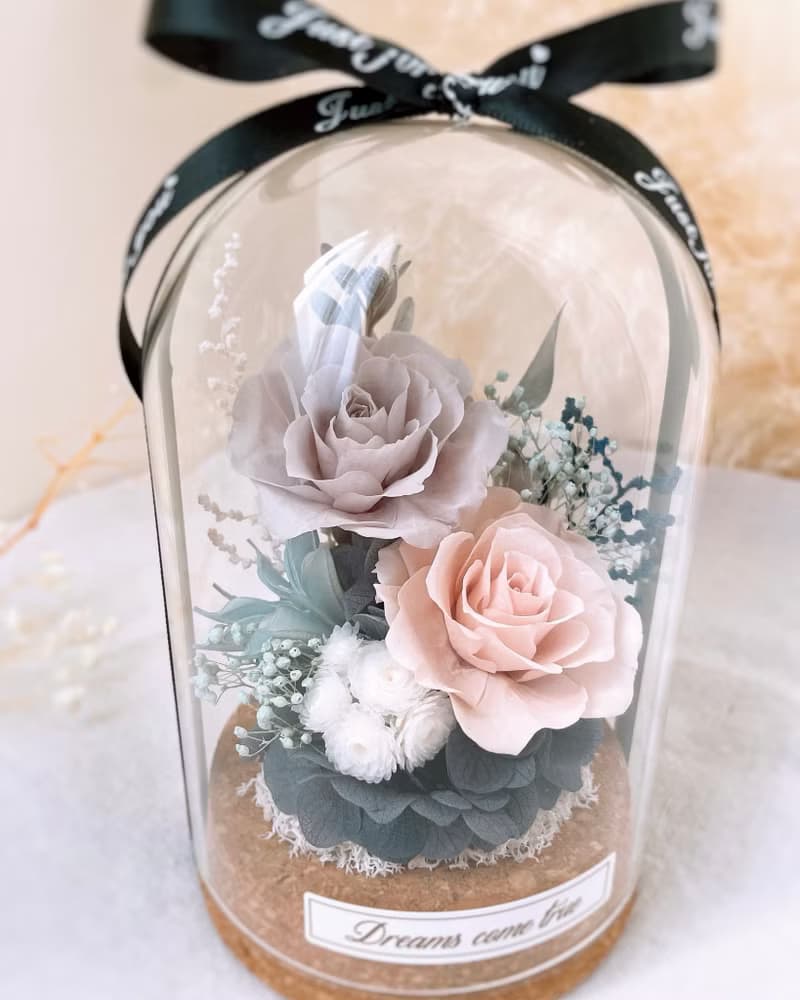 永生花玻璃盅-莫蘭迪色調 l 不凋花玻璃盅 日本玫瑰 情人節禮物