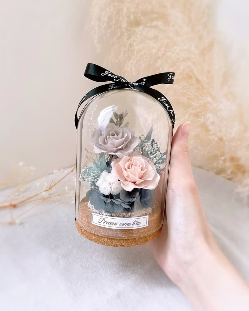 永生花玻璃盅-莫蘭迪色調 l 不凋花玻璃盅 日本玫瑰 情人節禮物