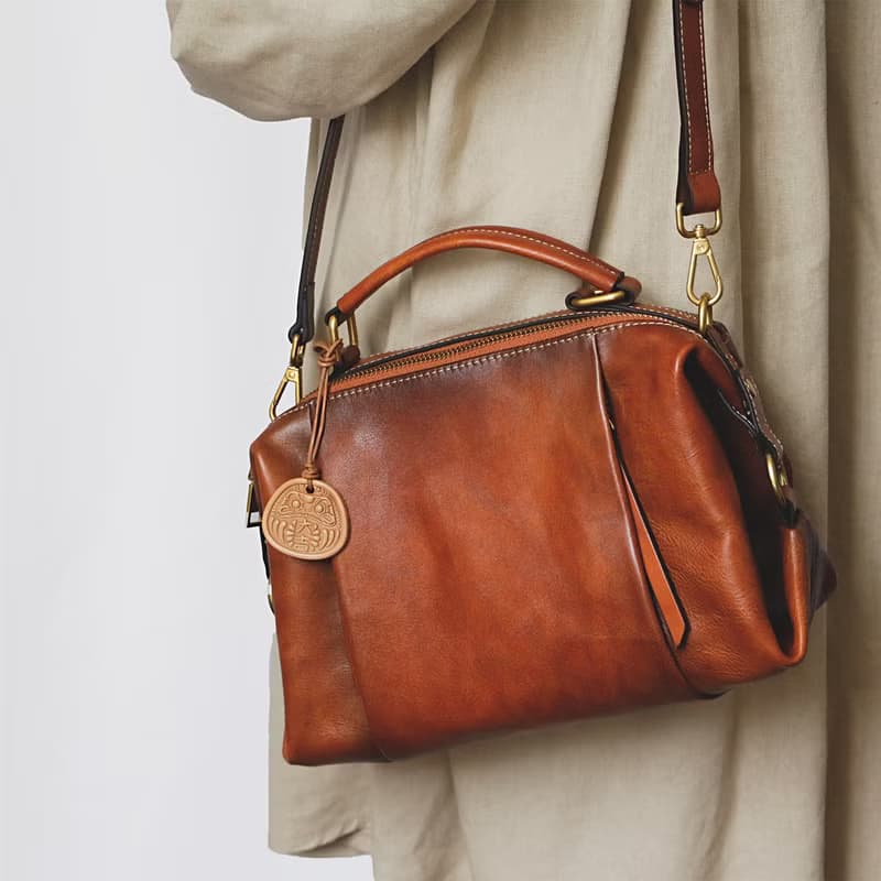 手染 兩用包 女款 真皮 斜背包 手提包 休閒 通勤包 斜背款 棕色