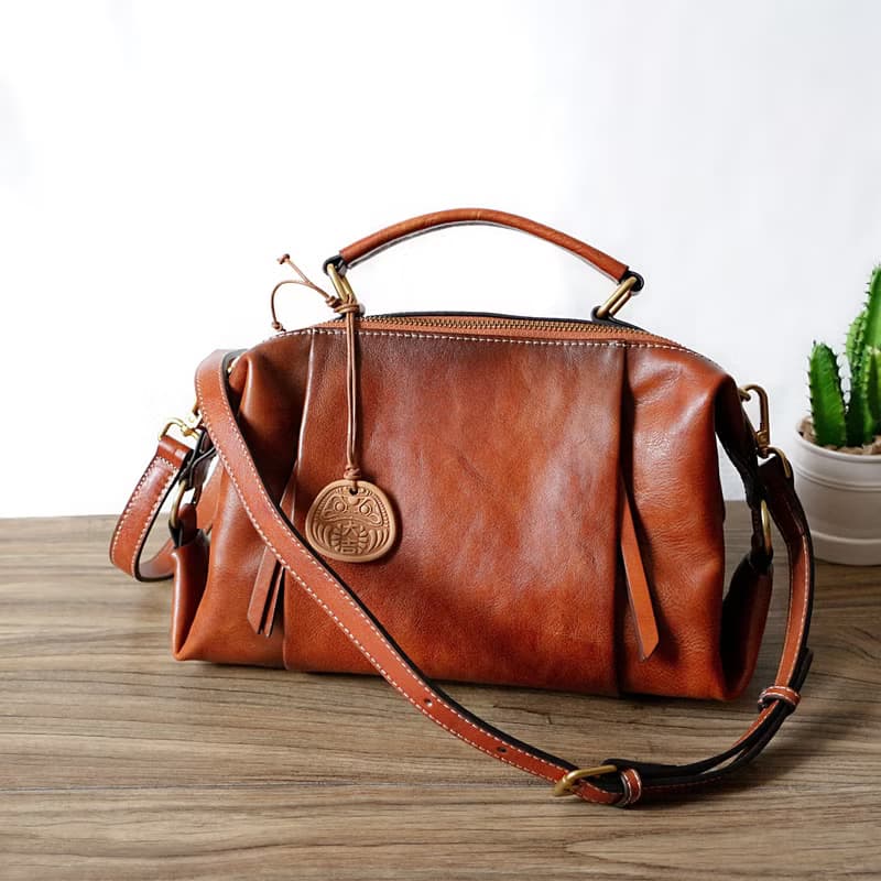 手染 兩用包 女款 真皮 斜背包 手提包 休閒 通勤包 斜背款 棕色