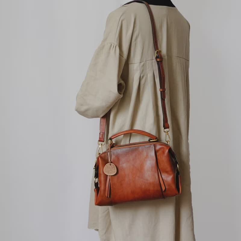 手染 兩用包 女款 真皮 斜背包 手提包 休閒 通勤包 斜背款 棕色