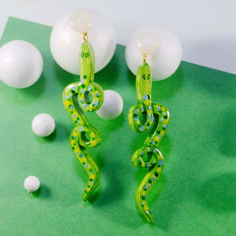 青蛇 長款個性蛇形耳飾 手繪木製