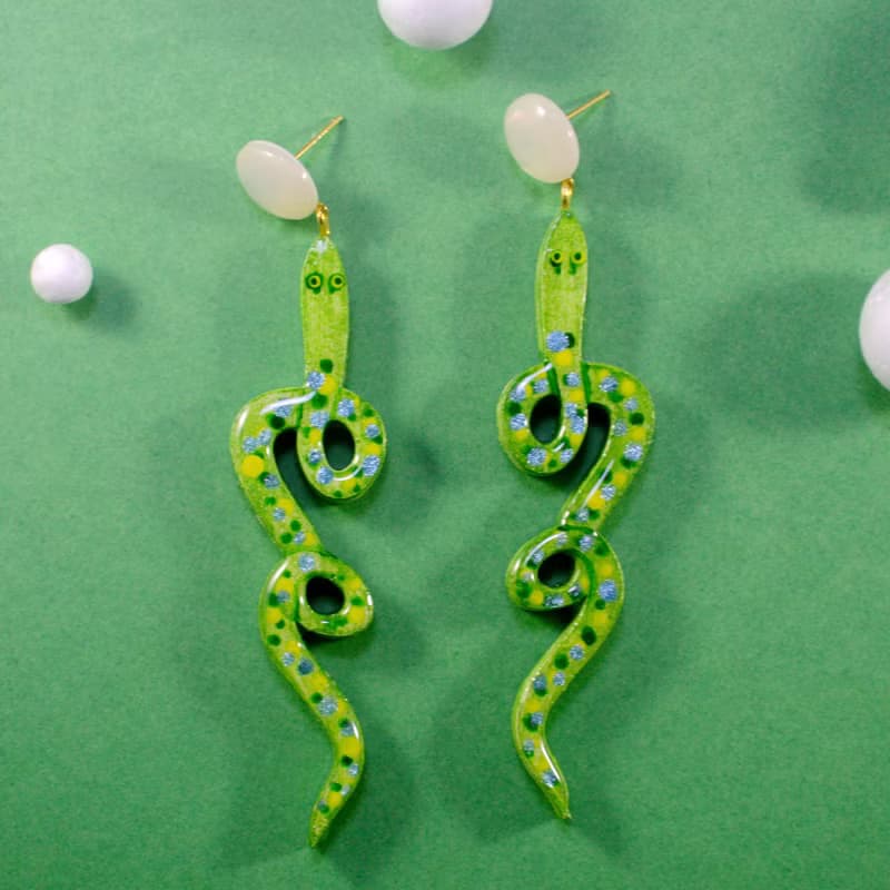 青蛇 長款個性蛇形耳飾 手繪木製