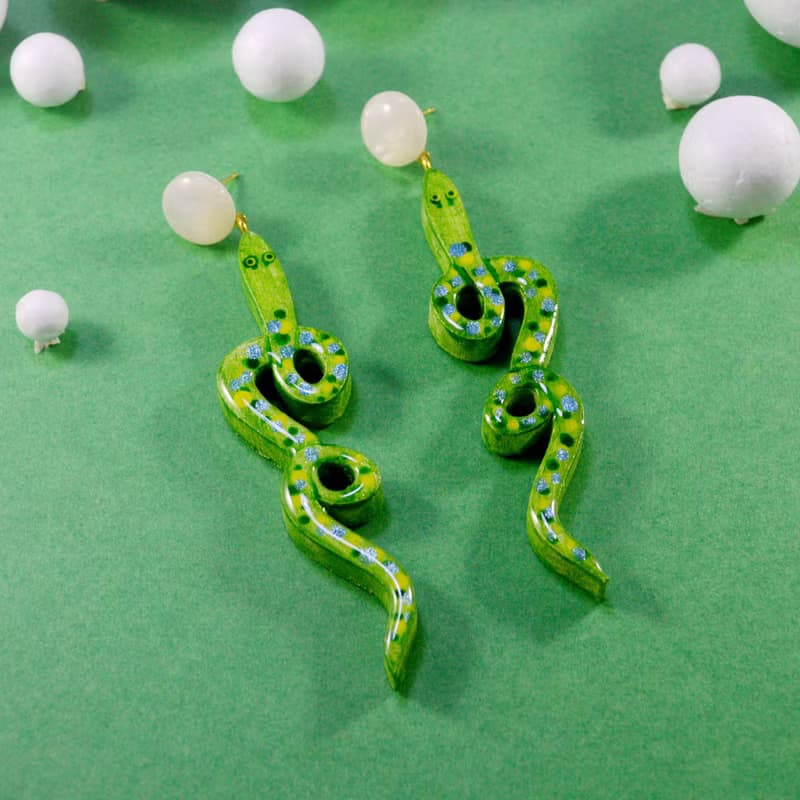 青蛇 長款個性蛇形耳飾 手繪木製