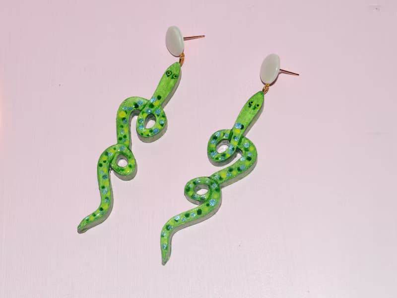 青蛇 長款個性蛇形耳飾 手繪木製
