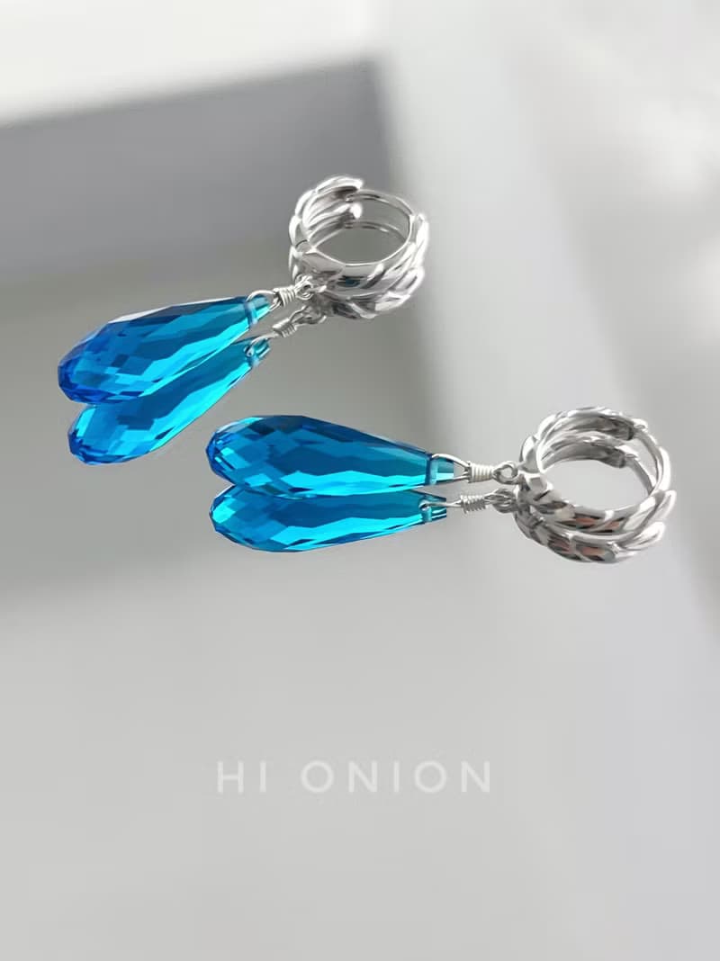 Hi Onion原創小眾復古果凍海藍水滴耳環S925銀耳扣耳夾個性高級