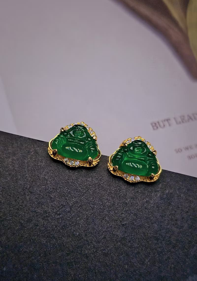 招財|鮮綠佛|a貨翡翠老坑冰綠佛公9.5mm純銀鍍18k黃精緻耳環