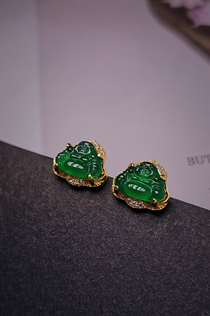 招財|鮮綠佛|a貨翡翠老坑冰綠佛公9.5mm純銀鍍18k黃精緻耳環