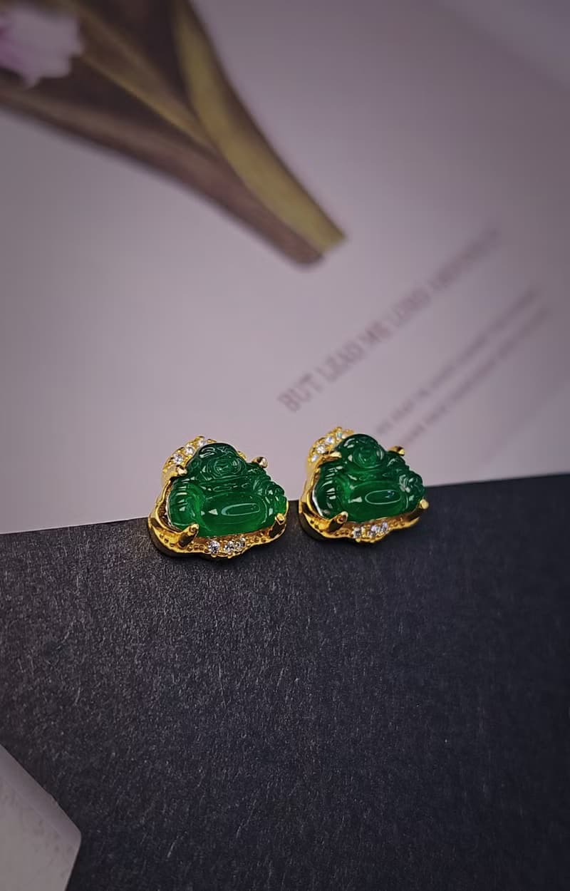 招財|鮮綠佛|a貨翡翠老坑冰綠佛公9.5mm純銀鍍18k黃精緻耳環