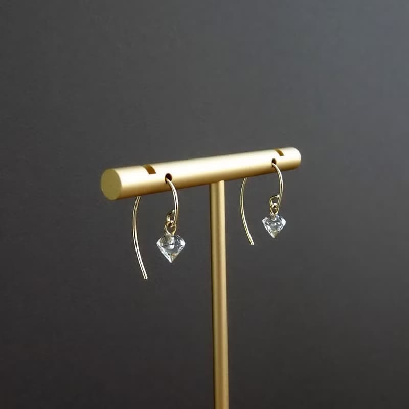 天然清透白水晶 嬌小鑽石形切割 14Kgf 包金 法式耳勾耳環 (6x6)