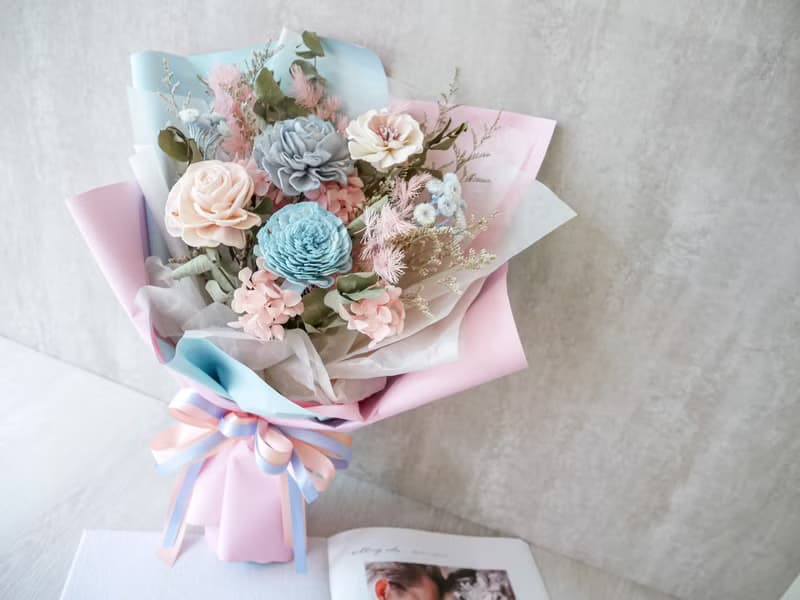 中型乾燥花束【寧靜粉藍】生日花束/結婚登記/告白/畢業花束/七夕