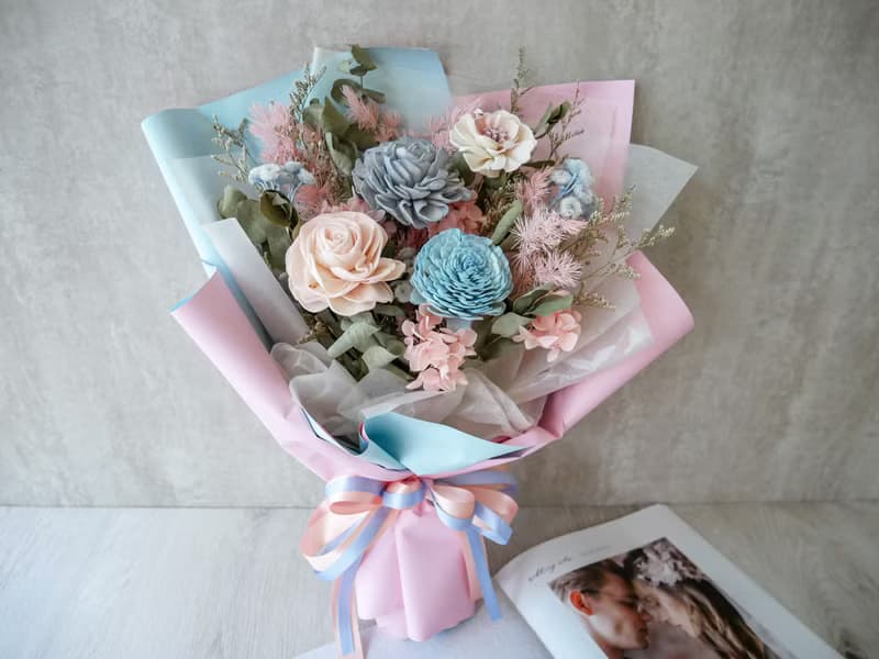 中型乾燥花束【寧靜粉藍】生日花束/結婚登記/告白/畢業花束/七夕