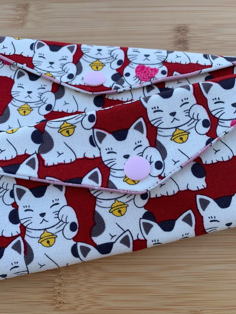 文青風環保筷袋 ~超Q招財貓 迷人紅 收納 手作餐具袋
