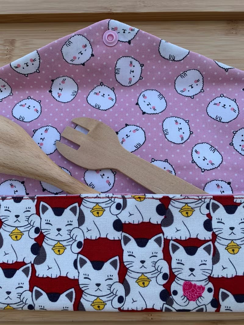 文青風環保筷袋 ~超Q招財貓 迷人紅 收納 手作餐具袋