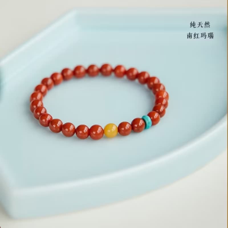 天然南紅搭蜜蠟綠松石手鏈