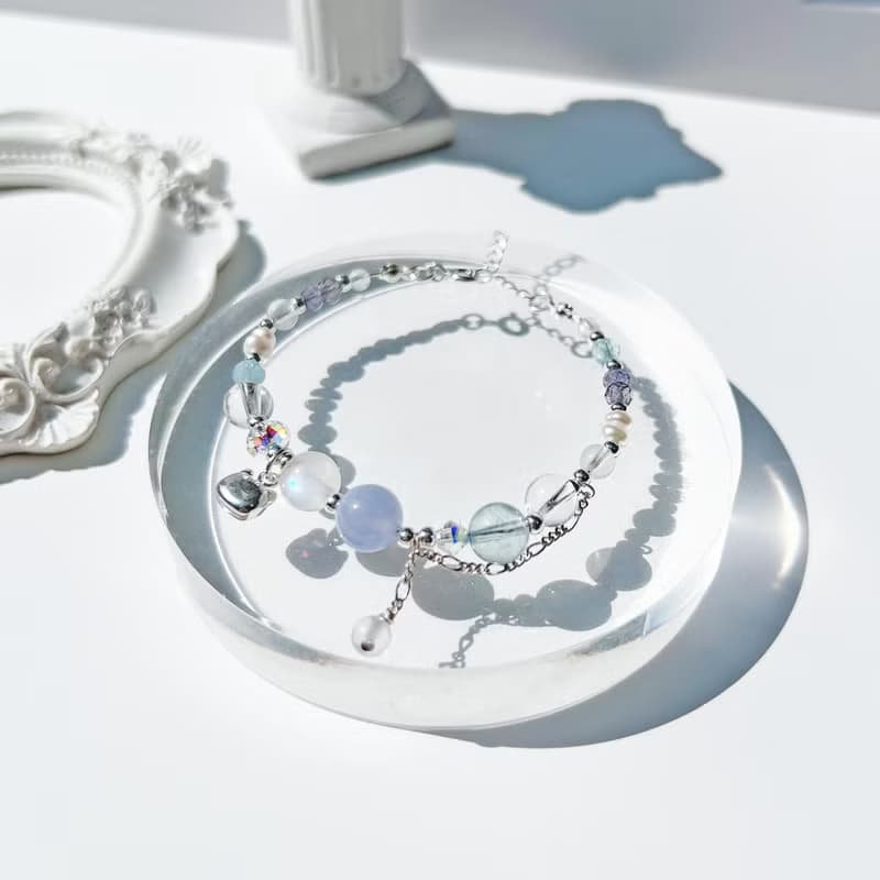藍紋瑪瑙 月光石 海藍寶 白水晶 堇青石 S925純銀 天然水晶手鍊