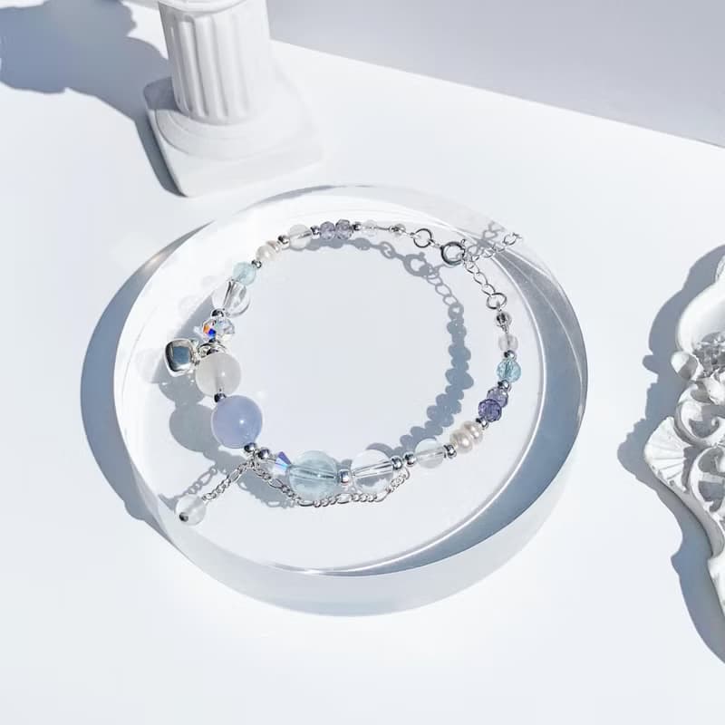 藍紋瑪瑙 月光石 海藍寶 白水晶 堇青石 S925純銀 天然水晶手鍊