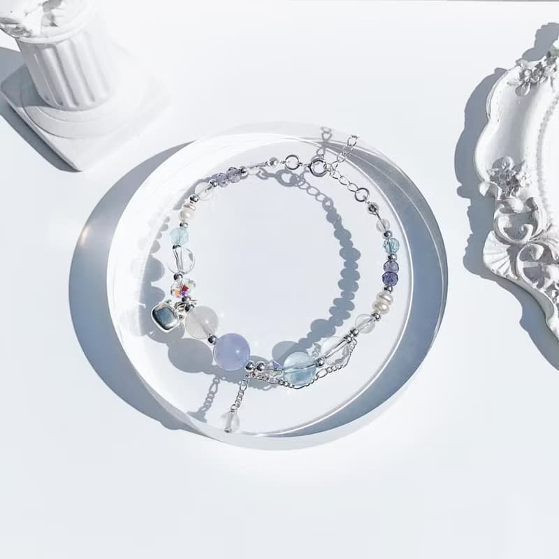 藍紋瑪瑙 月光石 海藍寶 白水晶 堇青石 S925純銀 天然水晶手鍊