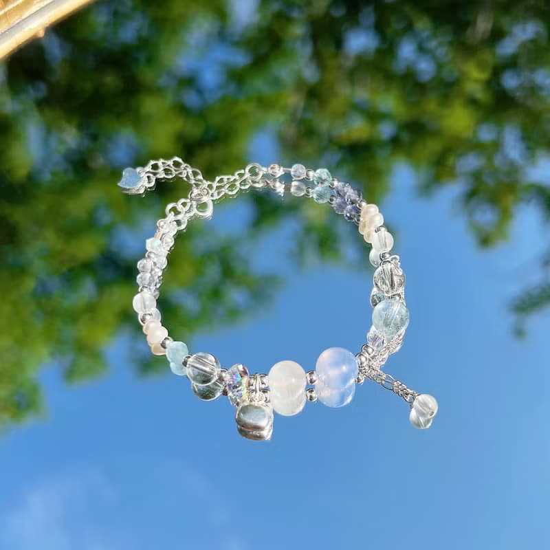 藍紋瑪瑙 月光石 海藍寶 白水晶 堇青石 S925純銀 天然水晶手鍊