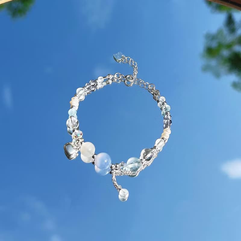 藍紋瑪瑙 月光石 海藍寶 白水晶 堇青石 S925純銀 天然水晶手鍊