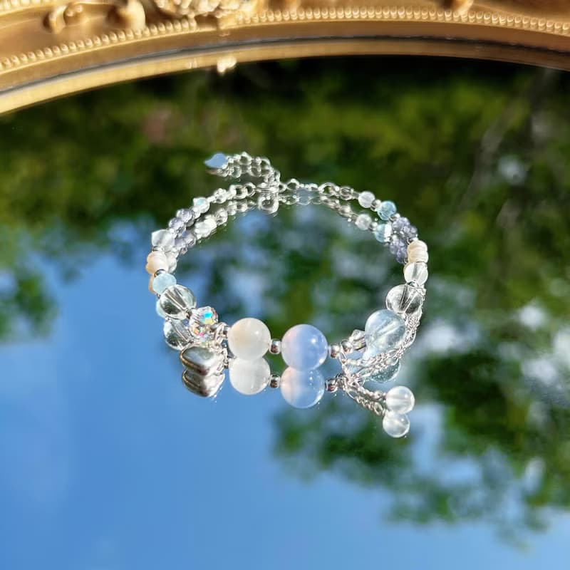藍紋瑪瑙 月光石 海藍寶 白水晶 堇青石 S925純銀 天然水晶手鍊