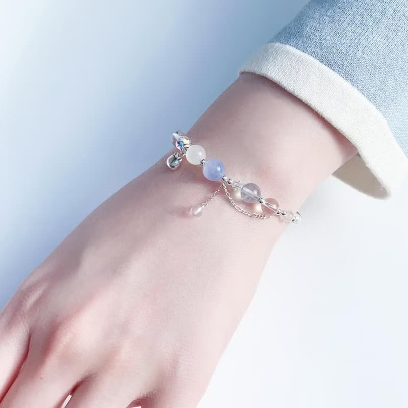 藍紋瑪瑙 月光石 海藍寶 白水晶 堇青石 S925純銀 天然水晶手鍊