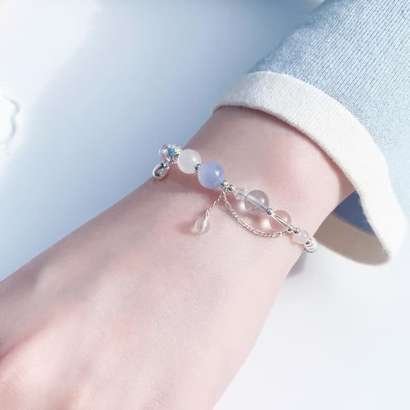 藍紋瑪瑙 月光石 海藍寶 白水晶 堇青石 S925純銀 天然水晶手鍊