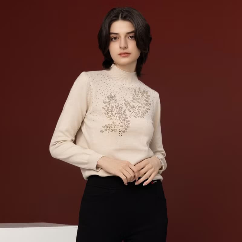 【Icare】燕麥色水鑽小立領毛衣(M-XL) | 女長袖上衣 女毛衣