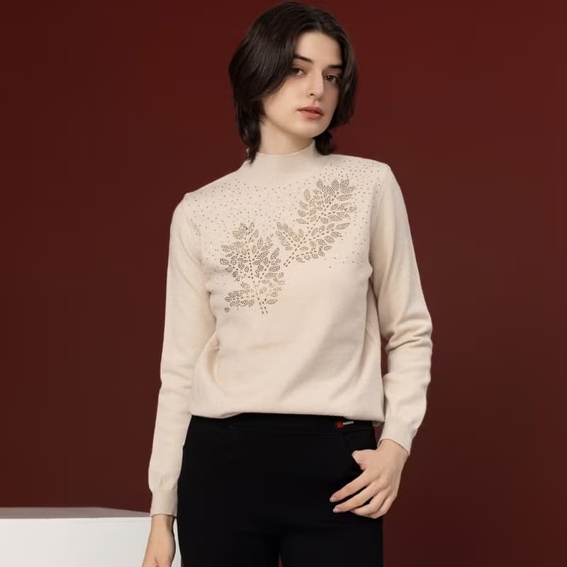 【Icare】燕麥色水鑽小立領毛衣(M-XL) | 女長袖上衣 女毛衣