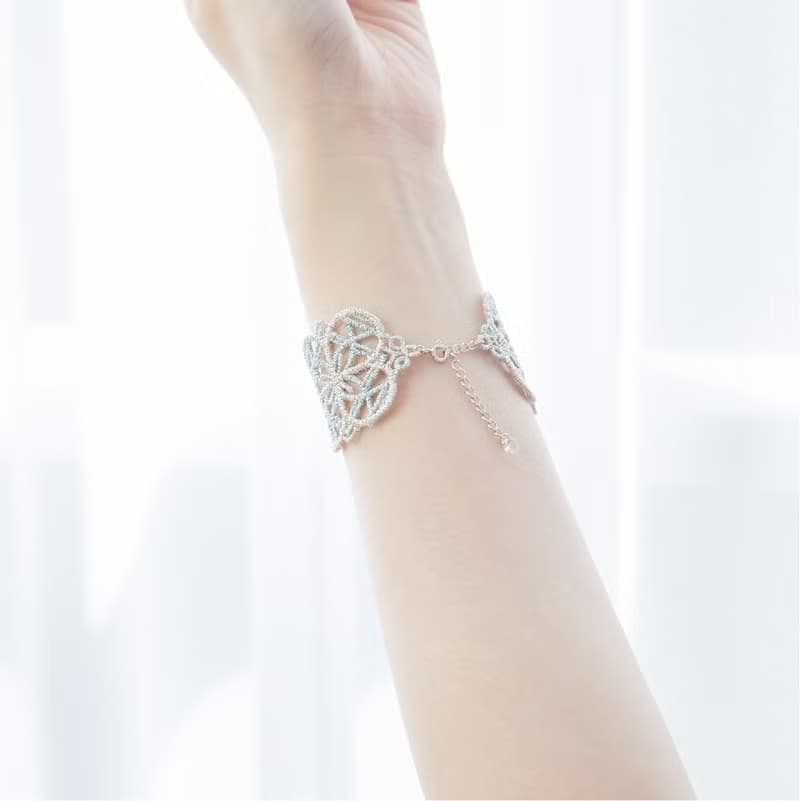 【禮物】Merida幾何蕾絲捷克水晶 純銀手鍊/手環-銀+灰藍