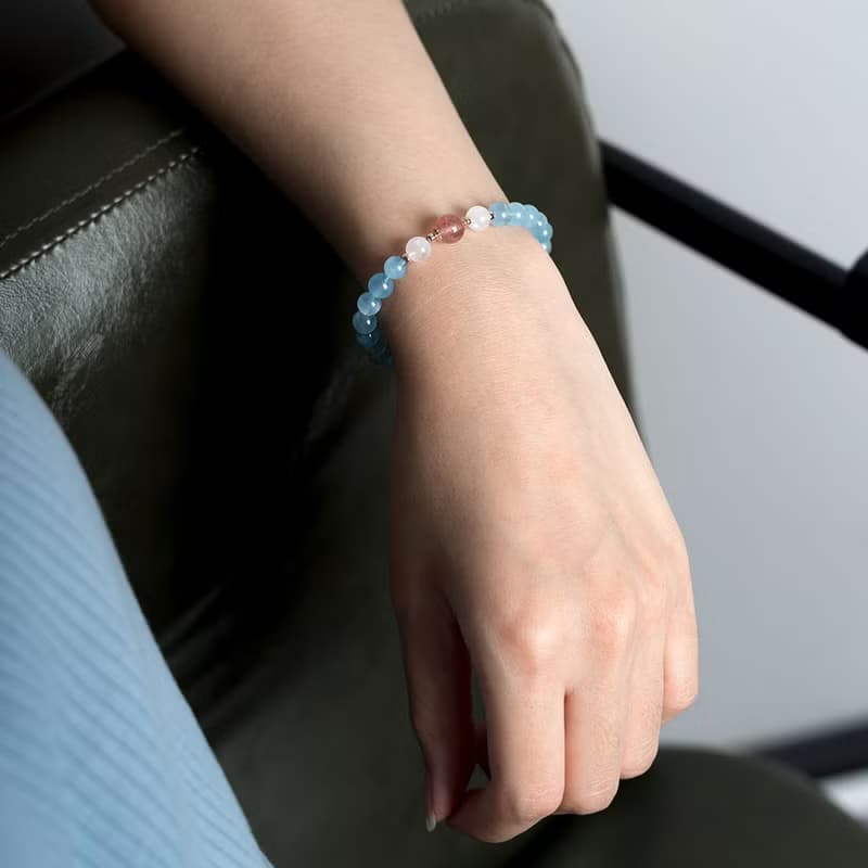 海藍寶月光石草莓晶玫瑰金 水晶手鍊