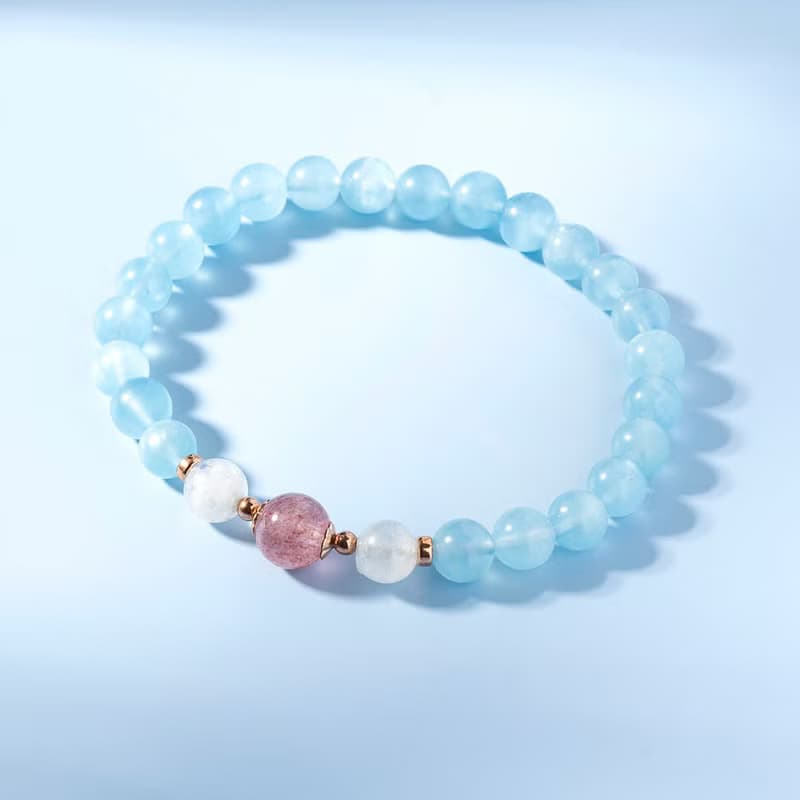 海藍寶月光石草莓晶玫瑰金 水晶手鍊