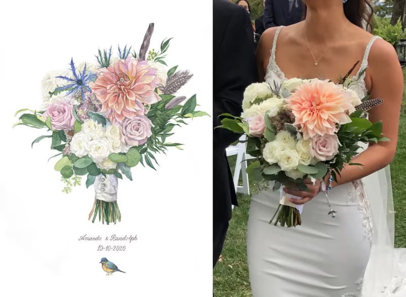 ORIGINAL Custom Wedding Bouquet Painting in Watercolor Bridal flowers portrait