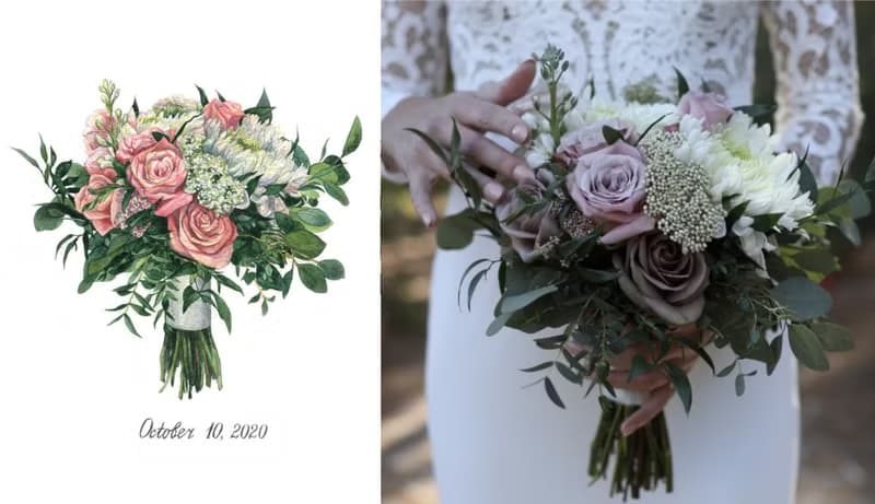 ORIGINAL Custom Wedding Bouquet Painting in Watercolor Bridal flowers portrait