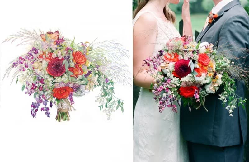 ORIGINAL Custom Wedding Bouquet Painting in Watercolor Bridal flowers portrait