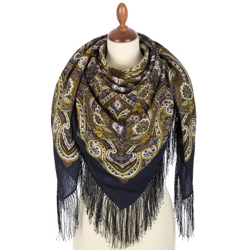 Pavlovo Posad Russian Shawl 100% Wool Scarf 125x125 cm Wrap Silk Fringe 1826-15