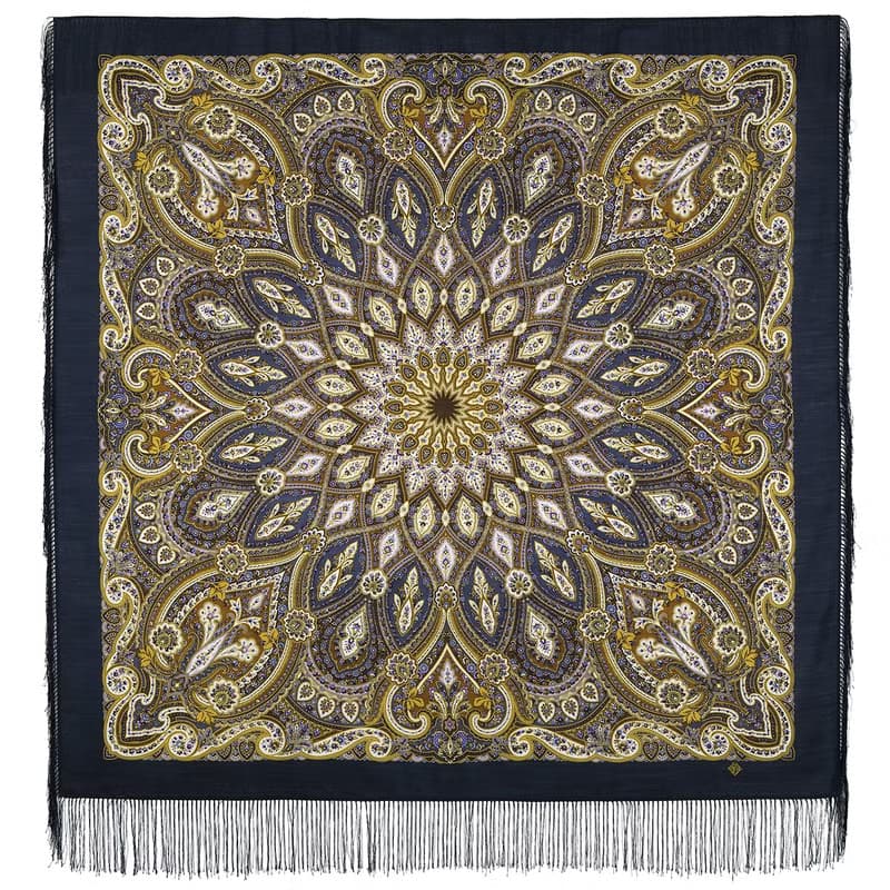 Pavlovo Posad Russian Shawl 100% Wool Scarf 125x125 cm Wrap Silk Fringe 1826-15