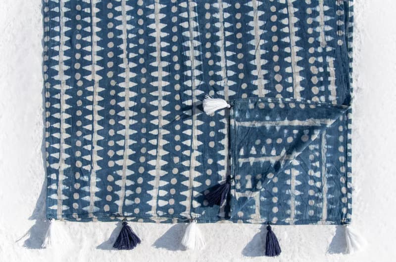 手工木刻印植物染圍巾手織圍巾 編織圍巾 藍染純綿絲巾-藍摩洛哥