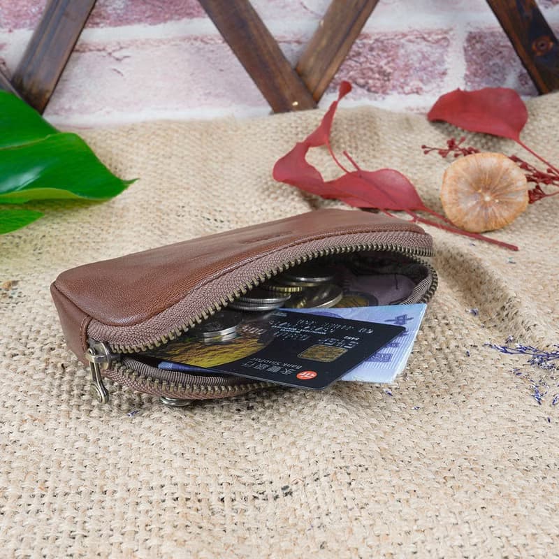 復古巧克力橫式方塊植鞣牛皮零錢包