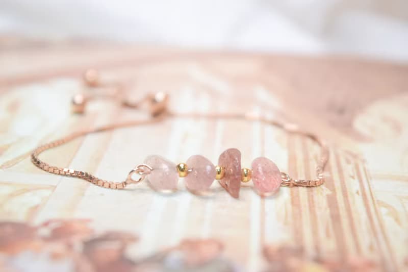 【良緣】*單手能戴 天然草莓晶 全925純銀索帶手鍊 (銀/金/玫瑰)