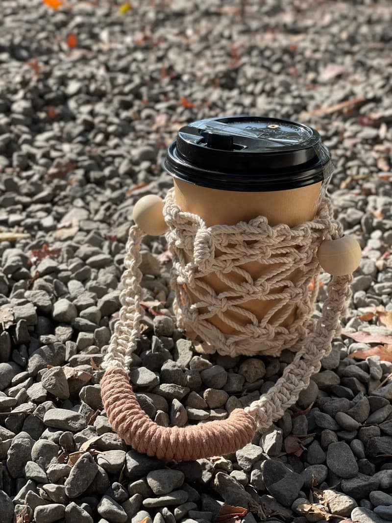 Macrame波希米亞淡粉磚編織飲料保溫杯袋