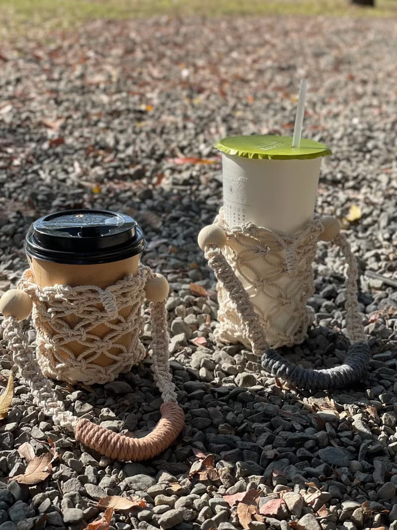 Macrame波希米亞淡粉磚編織飲料保溫杯袋