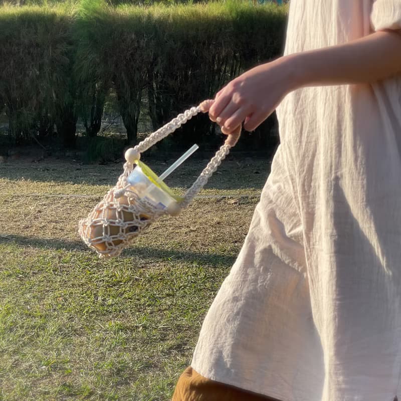 Macrame波希米亞淡粉磚編織飲料保溫杯袋
