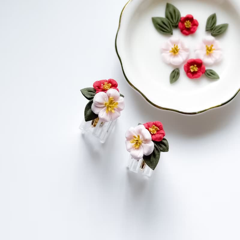 椿 山茶花 Camellia 細工布花耳環 冬季系列