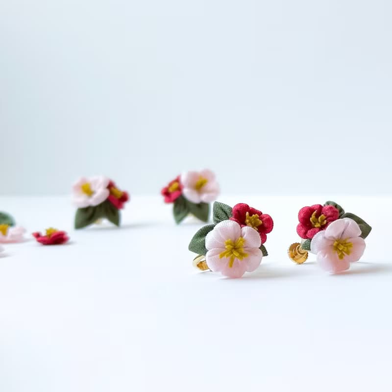 椿 山茶花 Camellia 細工布花耳環 冬季系列